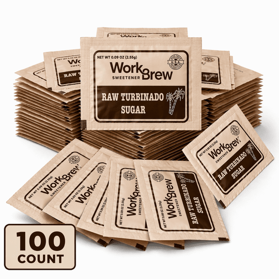 WorkBrew Raw Turbinado Sugar Packets 100 Count, Natural Cane Sugar Sweetener, Single Serve Packets for Coffee, Tea and Beverages, Kosher, Made in USA