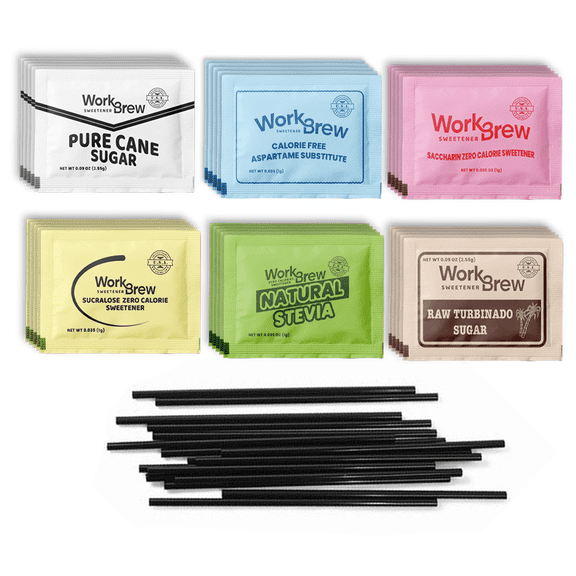 WorkBrew Sweetener Variety Pack, 200 Count Assorted Sugar Packets with 50 Stirrers  Pure Cane, Raw Turbinado, Stevia, Sucralose, Aspartame & Saccharin  Kosher, Made in USA