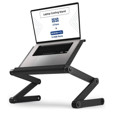 Adjustable Laptop Cooling Stand with Dual Fans & USB Ports – WorkEZ Executive Foldable Aluminum Laptop Desk for Bed, Couch & Office, Ergonomic Riser for Laptops up to 17”