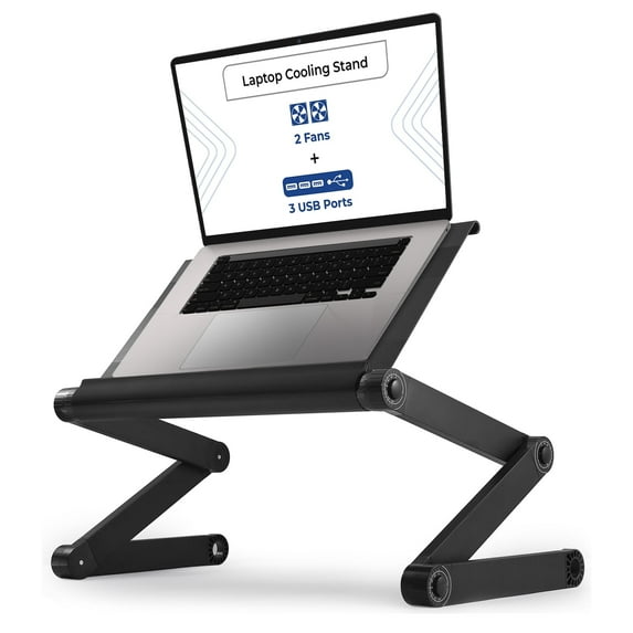 Adjustable Laptop Cooling Stand with Dual Fans & USB Ports – WorkEZ Executive Foldable Aluminum Laptop Desk for Bed, Couch & Office, Ergonomic Riser for Laptops up to 17”