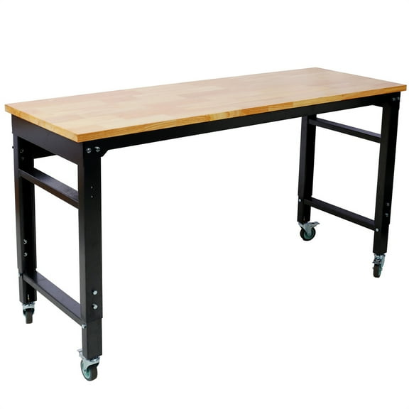 Workbench - 35" Wide Rolling Workbenches for Garage - Adjustable Height, Workshop Tool Bench, Metal with rubber Wood Top ,Black Hammertone leg