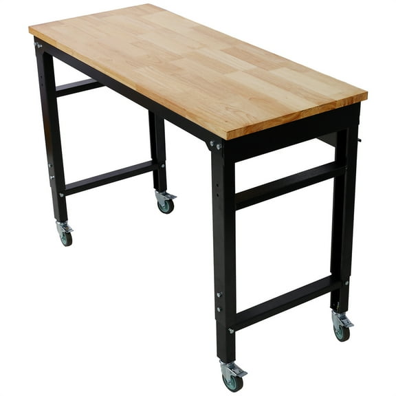 Workbench - 35" Wide Rolling Workbenches for Garage - Adjustable Height, Workshop Tool Bench, Metal with rubber Wood Top ,Black Hammertone leg