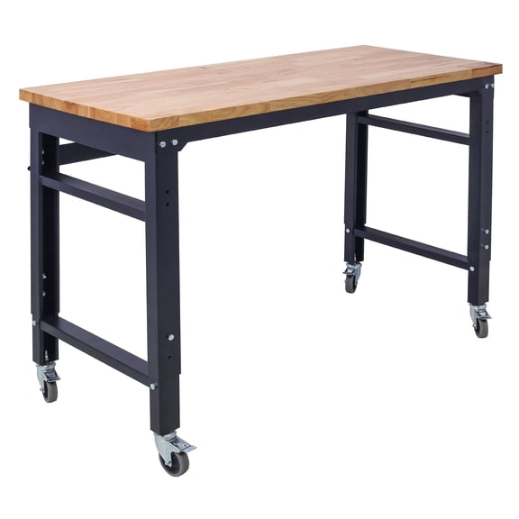 , Workbench - 48" Wide Rolling Workbenches for Garage - Adjustable Height, Workshop Tool Bench, Metal with rubber Wood Top, Black ,Steel ,