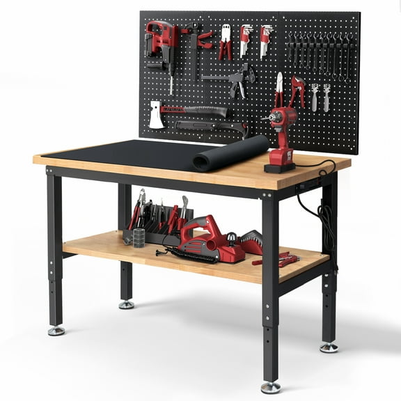 Workbench,48 inch 2 Tier Worktable,Heavy-Duty  Garage Table Desk with Storage Pegboards & Rubber Mat & Power Outlets,Adjustable Height Workstation for Wood Shop,Office,Home