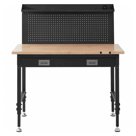 Workbench Adjustable Height 28-39.5", Heavy Duty 2000lbs Capacity, 48x24" Oak Plank Work Bench, with LED Light, Power Strip, Pegboard & 30 Hooks