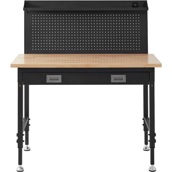 Workbench Adjustable Height 28-39.5" Heavy Duty Work Bench 2000lbs Capacity, 48x24" Oak Plank, Garage Workbench with LED Light & 3m Cable, 30 Hooks