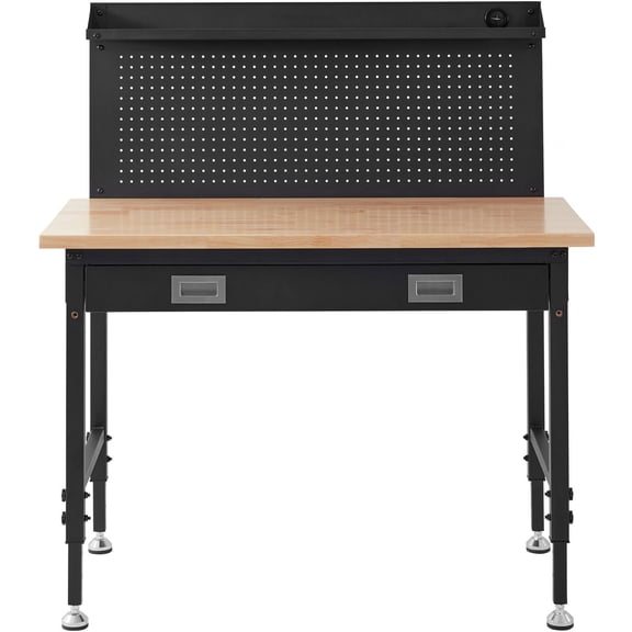 Workbench Adjustable Height 28 to 39.5 Inch Garage Oak Plank Carbon Steel Heavy Duty 2000 lbs Bench Top 48 x 24 Inch Hooks