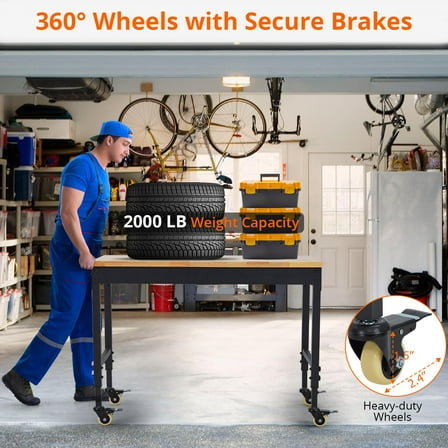 Workbench Adjustable Height, 72" x 25" Work Bench for Garage Oak Plank, Heavy Duty Workbench with Power Outlet & Swivel Casters, 2000lbs Weight Capacity