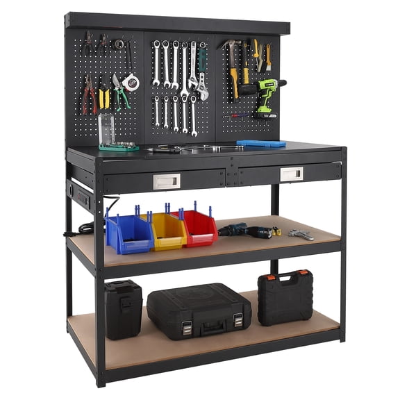 Workbench with Drawers,48'' Work Table for Garage & Workshop - 1000lbs Capacity, 2 Drawers & Pegboard, 0.48" Hardwood Top, 4 AC Outlets, Metal Tool Bench