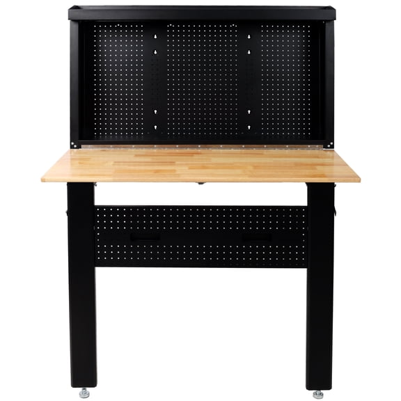 Workbench, Foldable Workbench with Rubberwood Surface and Pegboard for Tool Storage, Space Saving for Garage and Workshop, Black Steel Frame 47.25L x 32.5W x 63.75H