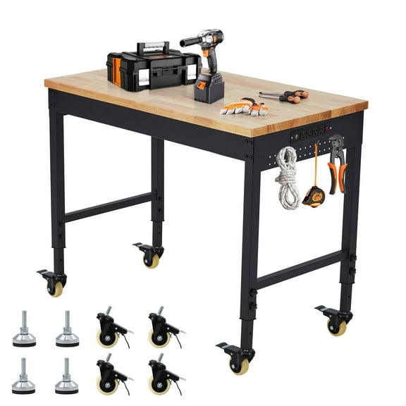 Workbench for Garage, 48" Adjustable Workbench, Heavy Duty Workstation 2000 LBS Load Capacity, Rubber Wood Top Workstation with 4 Rolling Casters, Power Outlets, Workbench for Workshop, Office