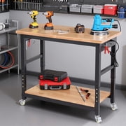 Workbench for Garage,ENJOYWOOD Heavy Duty 48 inch 2 Tier Wood Work Bench with Rolling Wheels and Power Outlets,Rubber Wood Tabletop,2000 LBS Load Bearing Workstation Garage Desk Table Worktable