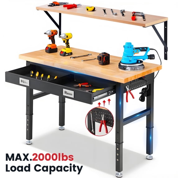 Workbench for Garage,ENJOYWOOD Heavy Duty 48 inch Wood Work Bench with Drawer and Wall Mounted Shelf,Rubber Wood Tabletop,2000 LBS Load Bearing Workstation Garage Desk Table Worktable