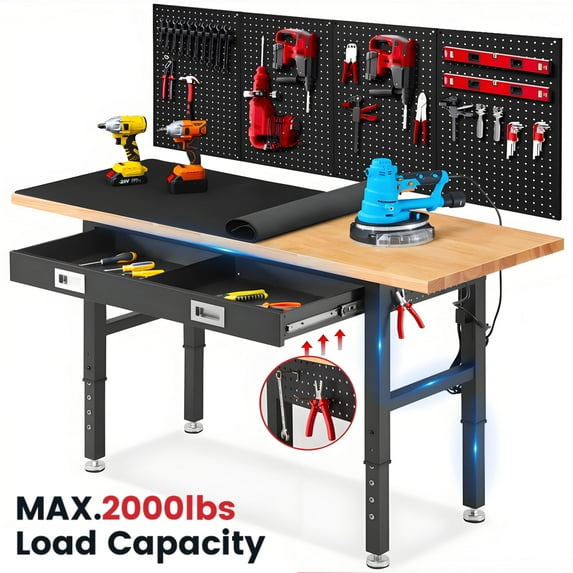 Workbench for Garage,ENJOYWOOD Heavy Duty 60 inch Wood Work Bench with Drawer and Storage Pegboards,Rubber Wood Tabletop,2000 LBS Load Bearing Workstation Garage Desk Table Worktable