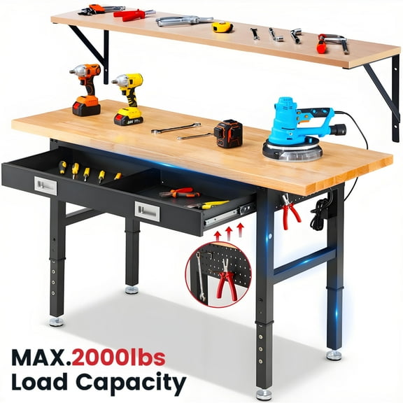 Workbench for Garage,ENJOYWOOD Heavy Duty 60 inch Wood Work Bench with Drawer and Wall Mounted Shelf,Rubber Wood Tabletop,2000 LBS Load Bearing Workstation Garage Desk Table Worktable