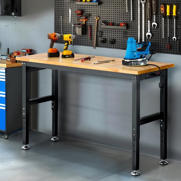 Workbench for Garage,ENJOYWOOD Heavy Duty 60 inch Wood Work Bench with Power Outlets,Rubber Wood Tabletop 2000 LBS Load Bearing Workstation Garage Desk Table Work Table