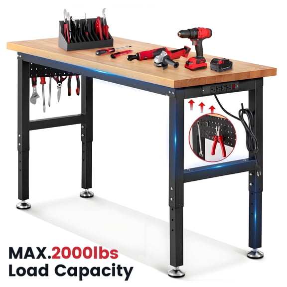 Workbench for Garage,ENJOYWOOD Heavy Duty 60 inch Wood Work Bench with Power Outlets,Rubber Wood Tabletop 2000 LBS Load Bearing Workstation Garage Desk Table Work Table