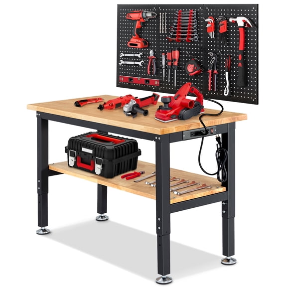 Workbench,Heavy-Duty 48 inch 2 Tier Work Bench with Power Outlets,Pegboards and Storage Shelf