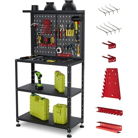 Workbench,Metal Workbenches for Garage,Heavy Duty Work Bench,Tool Storage Bench with Pegboard & Storage Shelves for Workshop Garage Basement