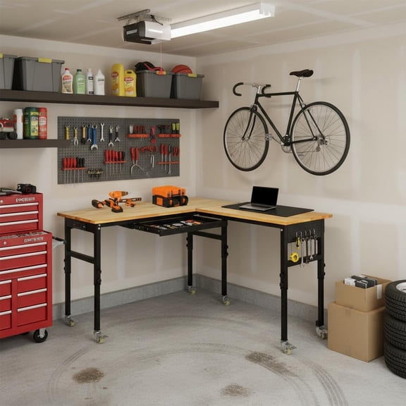 Workbench, Mobile L-Shaped Work Table with Adjustable Height, 120-Inch Corner Workspace, 2,000 lb Capacity, Rubberwood Top, Wheels, Drawers, Pegboard, and Built-In Power Station for Garage, Workshop,