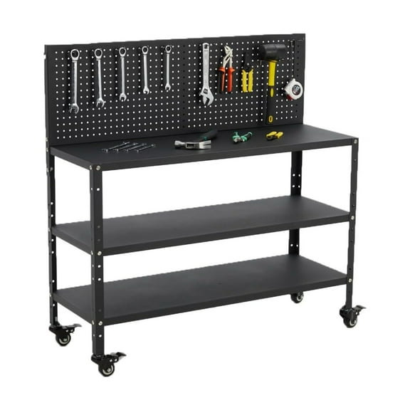 Workbench with Pegboard, Adjustable Heavy Duty Work Table with Wheels,Heavy Duty Workstation, Metal Tool Work Bench for Garage Warehouse Workshop,47.2" W x 47" H x17 D
