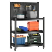 48" Adjustable Workbench with Pegboard,Heavy Duty Steel Work Bench with Lockable Wheels,Metal Rolling Work Table,3-Tier Metal Tool Storage Bench for Garage,Warehouse,Workshop, Home,Basement
