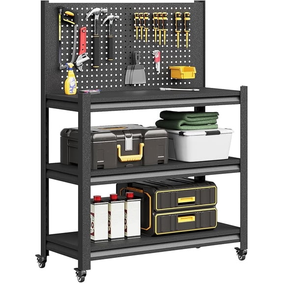 Workbench with Pegboard, Adjustable Heavy Duty Work Table with Wheels, Heavy Duty Workstation, Metal Tool Work Bench for Garage Warehouse Workshop, 48" H x 18" D x 34" W, Black