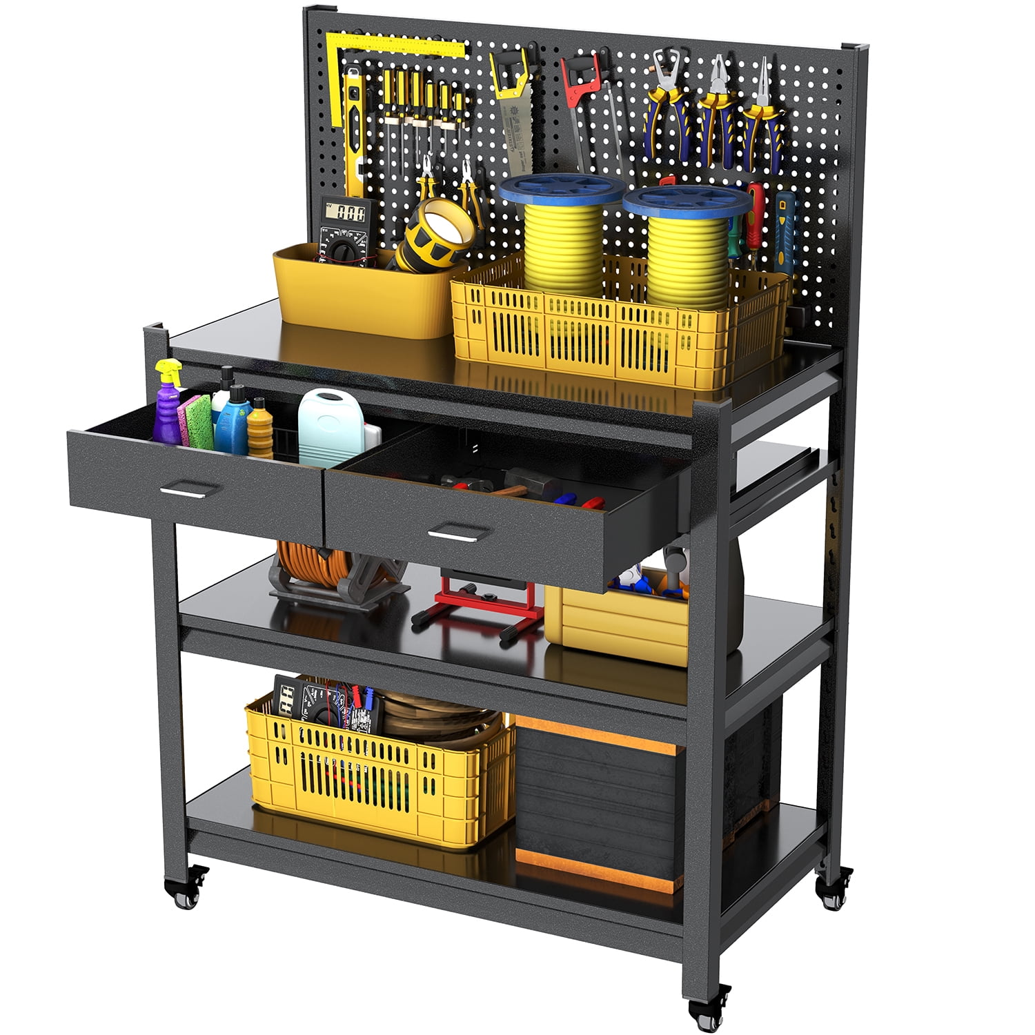 Workbench with Pegboard & Drawer, Adjustable Shelving Work Table, Mobile Workstation with Lockable Wheels for Garage Warehouse Workshop Office, 47.2" H x 33.5" W x 18" D, Black