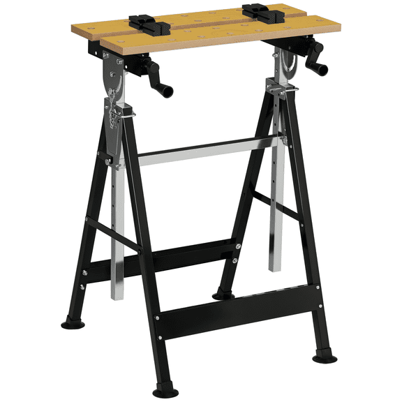 Workbench Tool Stand with Adjustable Height and Angle, Steel Frame Carpenter Saw Table with 4 Clamps and MDF Top, 220lbs Capacity, Nature Wood and Black for Garage and Workspace