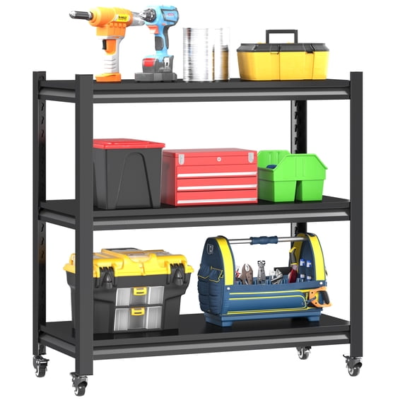 3 Tier Adjustable Garage Storage Shelving,Heavy Duty Utility Rack Shelf Unit on 4 Wheel Casters,Standing shelves for Garage, Home, Pantry,Kitchen,Warehouse,Bathroom & Laundry,Storage Rack - Black