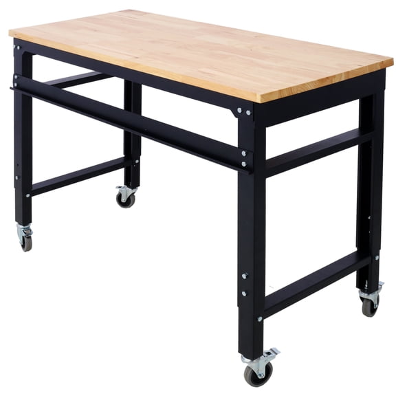 Workbench - Wide Rolling Workbenches for Garage - Adjustable Height, Workshop Tool Bench, Metal with rubber Wood Top
