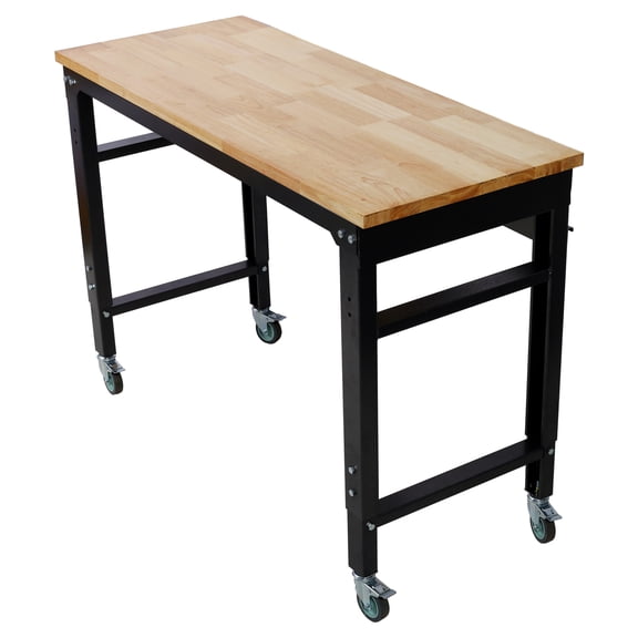 Workbench - " Wide Rolling Workbenches for Garage - Adjustable Height, Workshop Tool , Metal with rubber Wood Top ,Black Hammertone leg