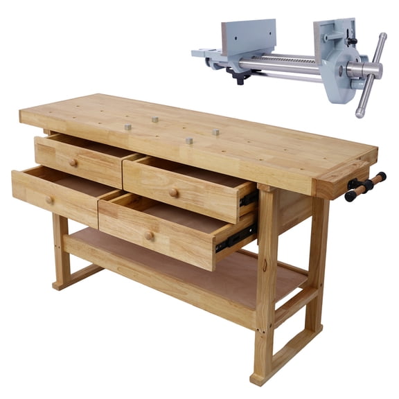 Workbench with 4 Drawers and 7-Inch Woodworking Vise for Garage Workshop, Rubber Wood 60-Inch Work Table with Cast Iron Vise