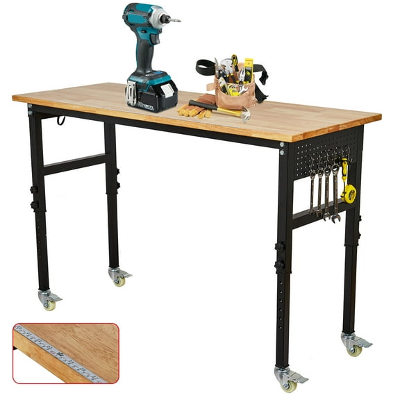 Workbench with Power Outlet & Height Adjustment - 70" Rolling Oak Wood Workbench with 4 Lockable Casters for Garage, Workshop & Office