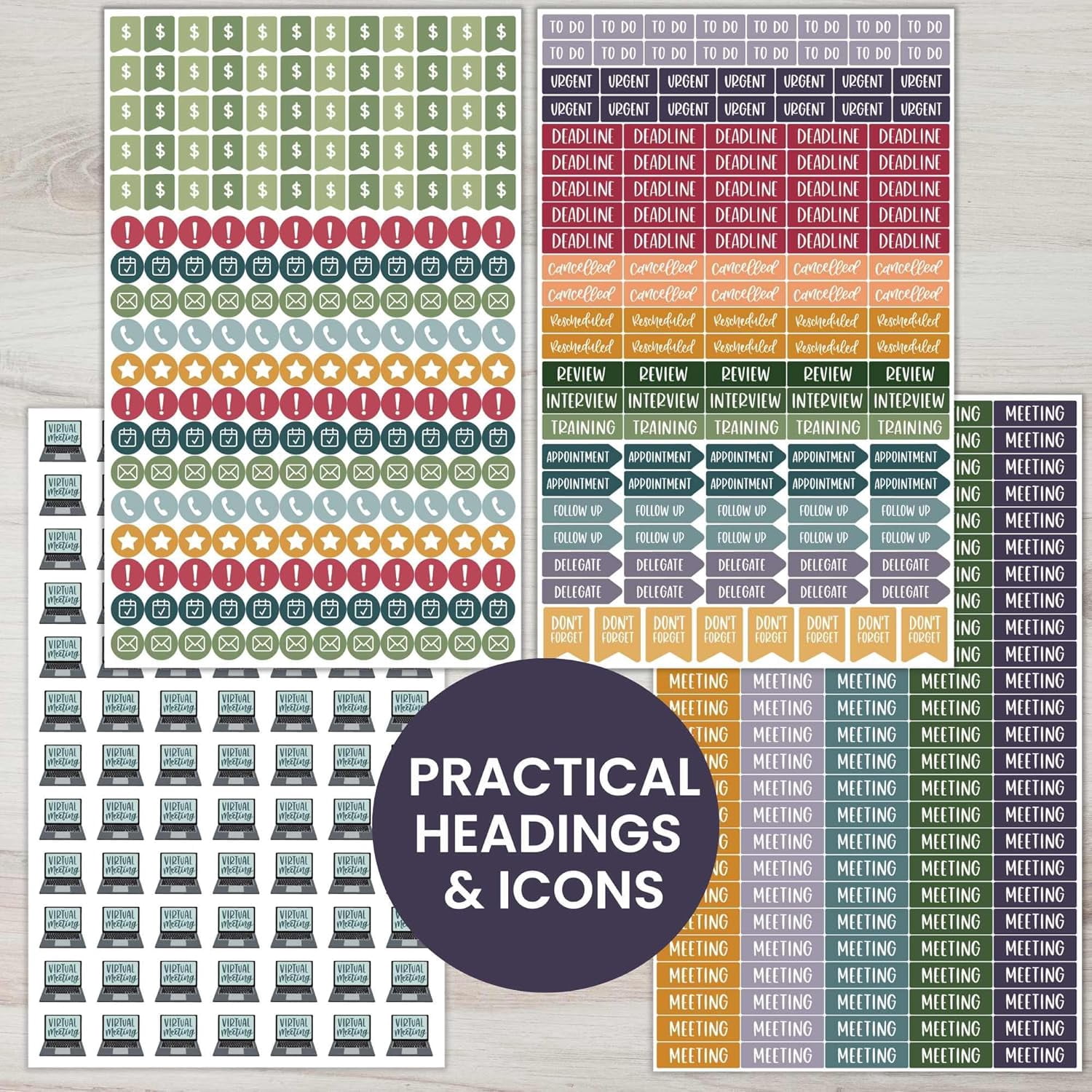 Workday Essentials Planner Stickers - Productivity Variety Pack for Business Professionals - 8 Sheets / 802 Stickers - Meetings, Deadlines, Payday Icons for Work & Office