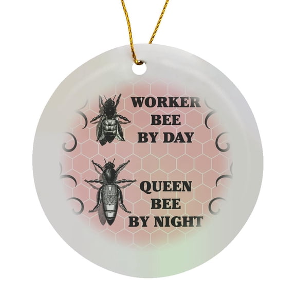 Worker By Day- Queen By Night- Bee Illustrations Over Pink Hexagons, Circle Porcelain Ornament