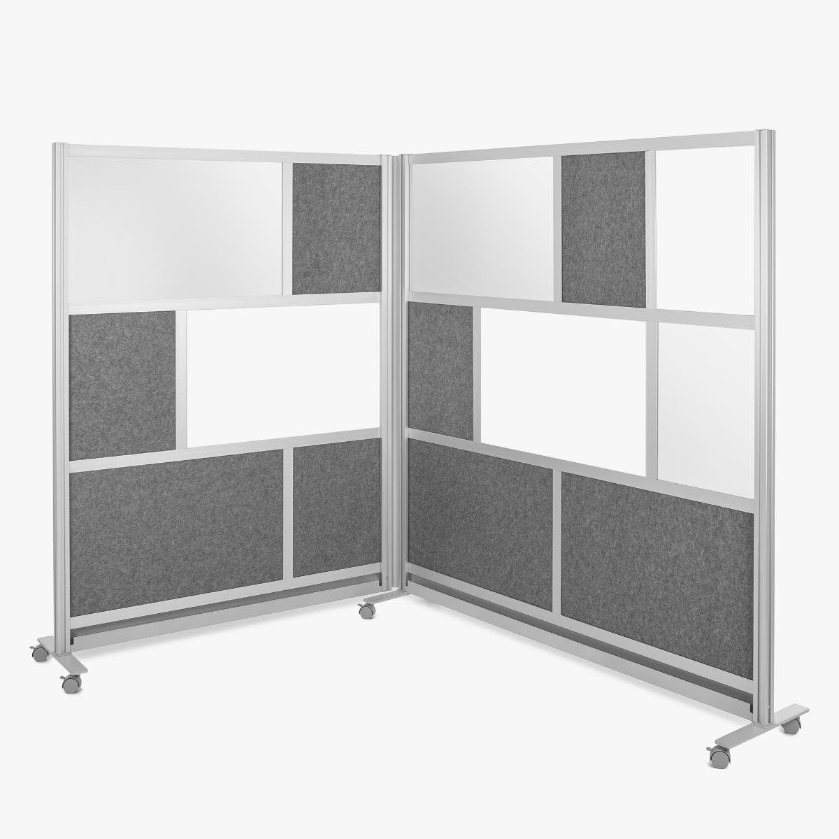 Luxor Workflow Modular Wall Bundle with 2 Walls + Hinge + Casters, 70" x 70" & 53" x 70", Silver, Freestanding