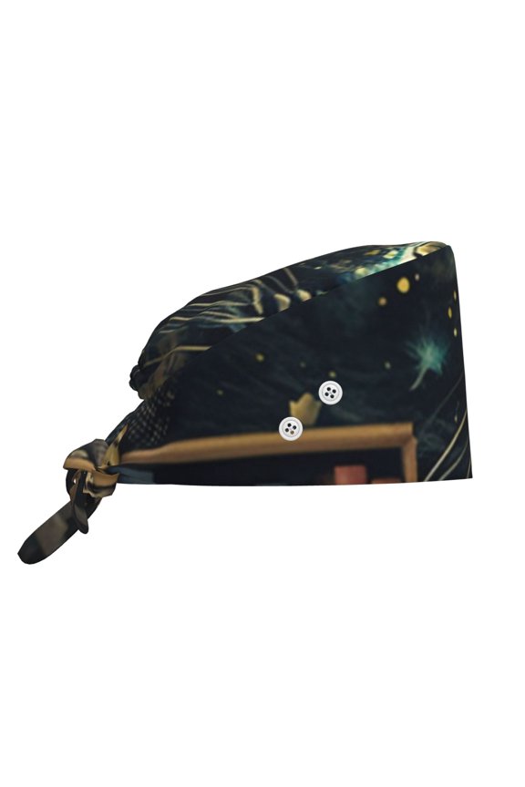 Working Cap Adjustable Tie Back Hat with Integrated Sweatband, Head Cover for Kitchen, Cleaning , Cat Starry Bookcase Library