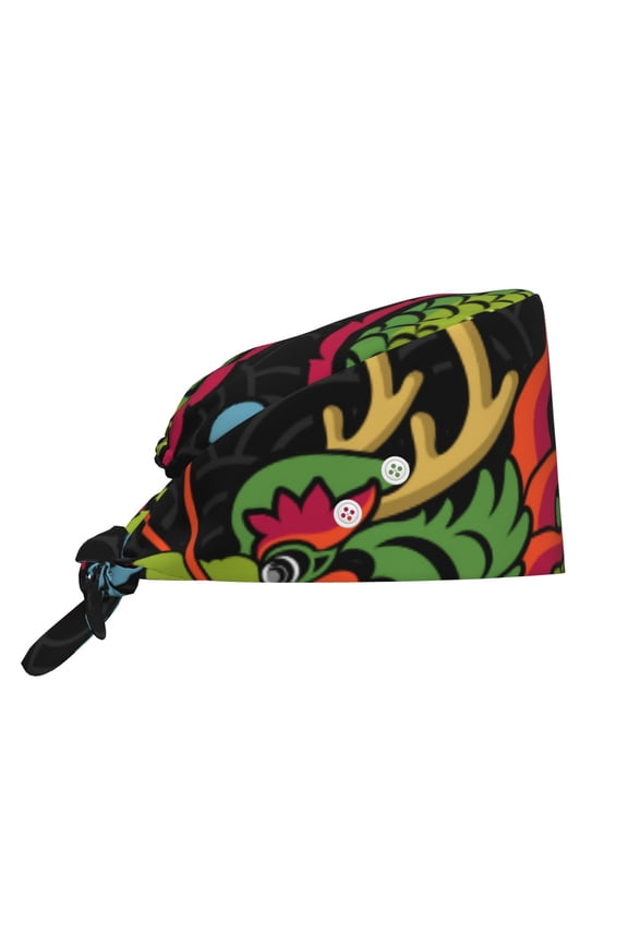 Working Cap Adjustable Tie Back Hat with Integrated Sweatband, Head Cover for Kitchen, Cleaning , Dragon Asian Chinese Zodiac