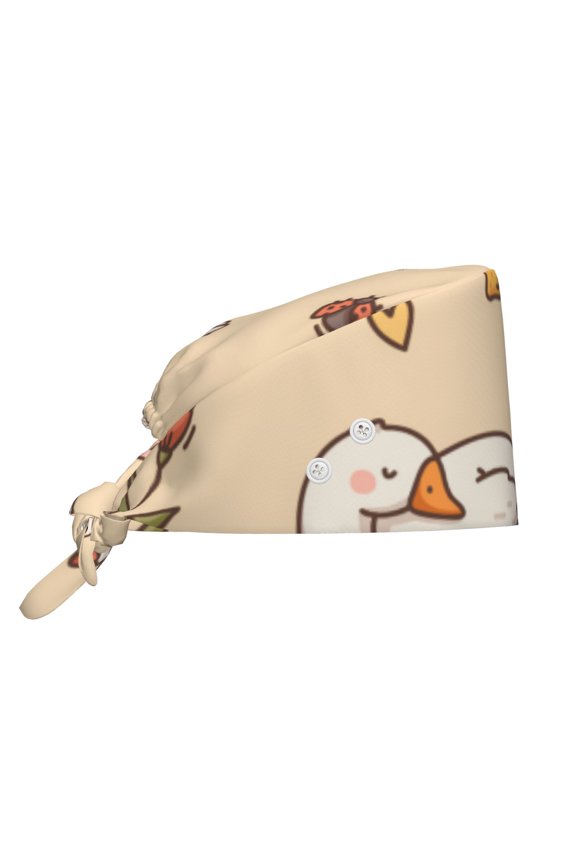 Working Cap Adjustable Tie Back Hat with Integrated Sweatband, Head Cover for Kitchen, Cleaning , Duck Goose Chicken Flower