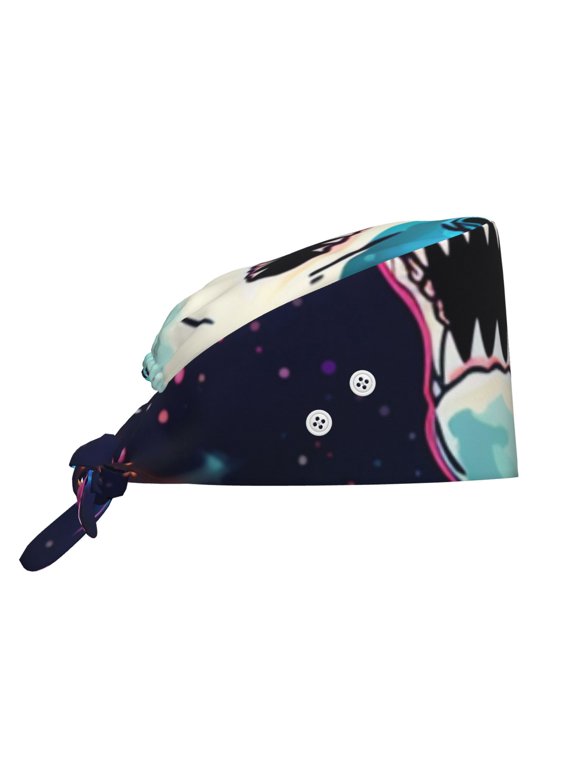 Working Cap Adjustable Tie Back Hat with Integrated Sweatband, Head Cover for Kitchen, Cleaning , Laser Shark Space Funny Dinosaur Starry