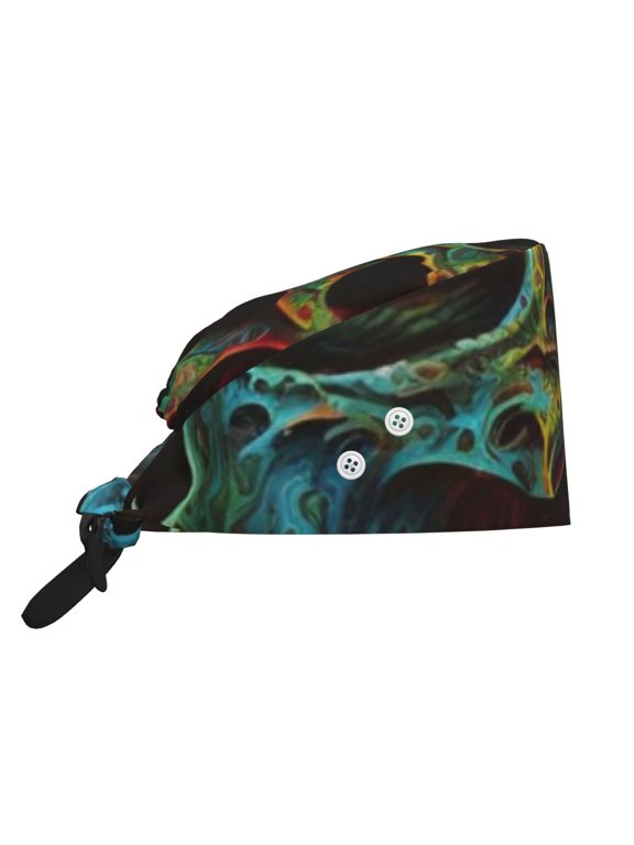 Working Cap Adjustable Tie Back Hat with Integrated Sweatband, Head Cover for Kitchen, Cleaning , Skull Dragon Death Psychedelic Vintage