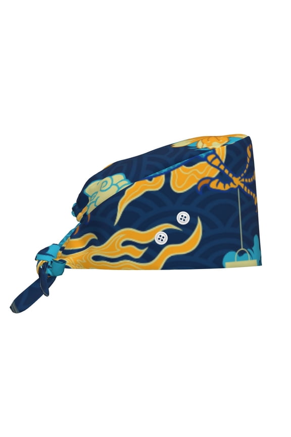 Working Cap Adjustable Tie Back Hat with Integrated Sweatband, Head Cover for Kitchen, Cleaning , Traditional Chinese Dragon Asian