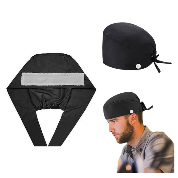 Working Cap Sweatband Bouffant Turban Hat Button Tie Back Adjustable Sweat strip/ Pure Cotton Operating Room Cap, Doctor'S And Nurse'S Cap, Gourd-Shaped Cap With Buttons And Sweat Strips, Black.