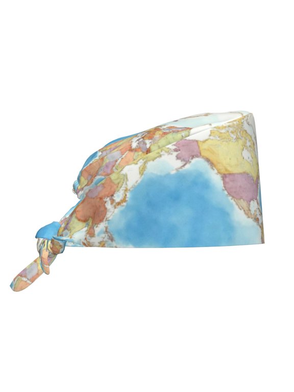 Working Cap With Sweatband For Women Men World Map Adjustable Cleaning Hat