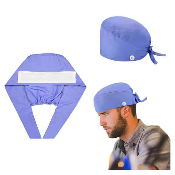Working Cap with Sweatband, Bouffant Turban Hat with Buttons, Adjustable Surgical Cap for Medical Use, Dark Blue