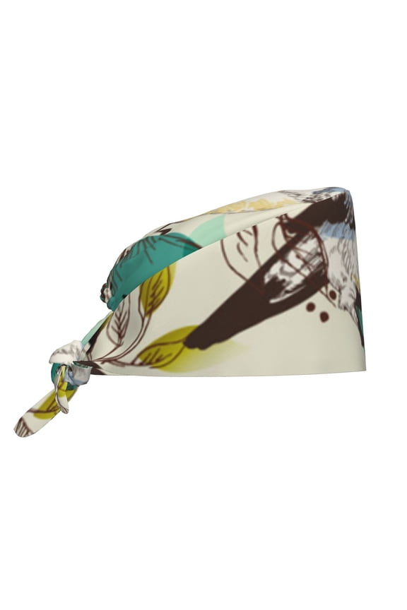 Working Caps Comfortable Breathable for Men Women Head Cover , Retro Flowers Birds Watercolor