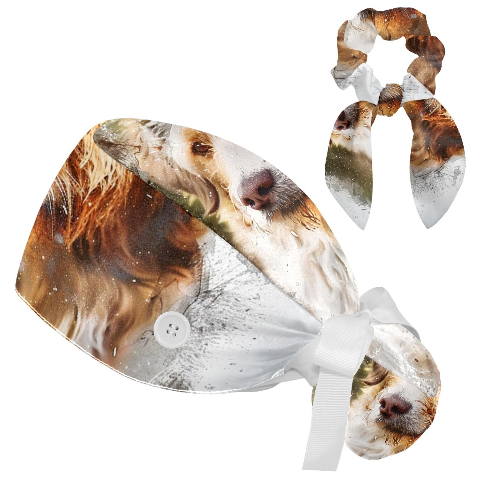 Working Caps with Buttons, Long Hair Scrub Hats Ponytail Holder for Women, Animal Painting Dog