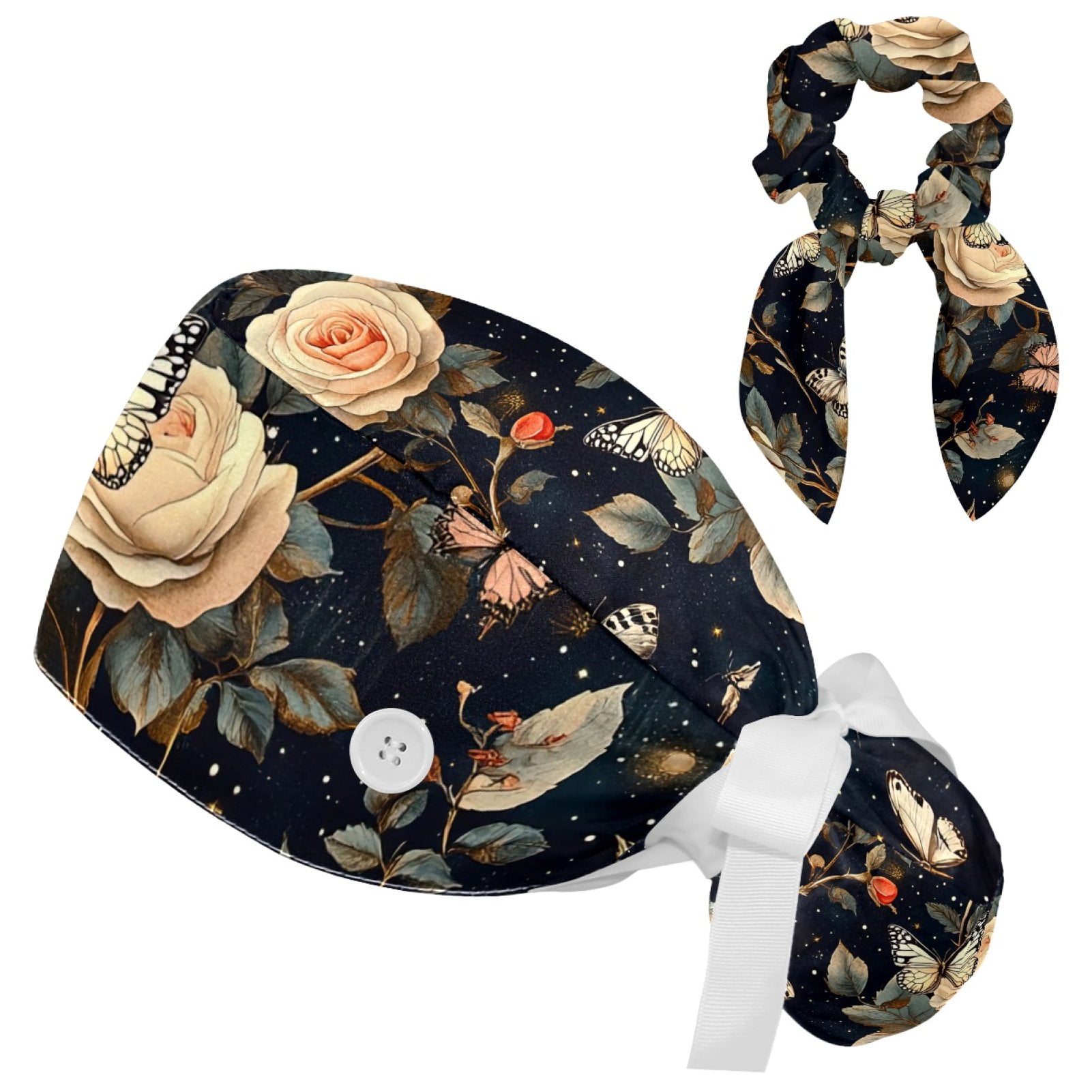 Working Caps with Buttons, Long Hair Scrub Hats Ponytail Holder for