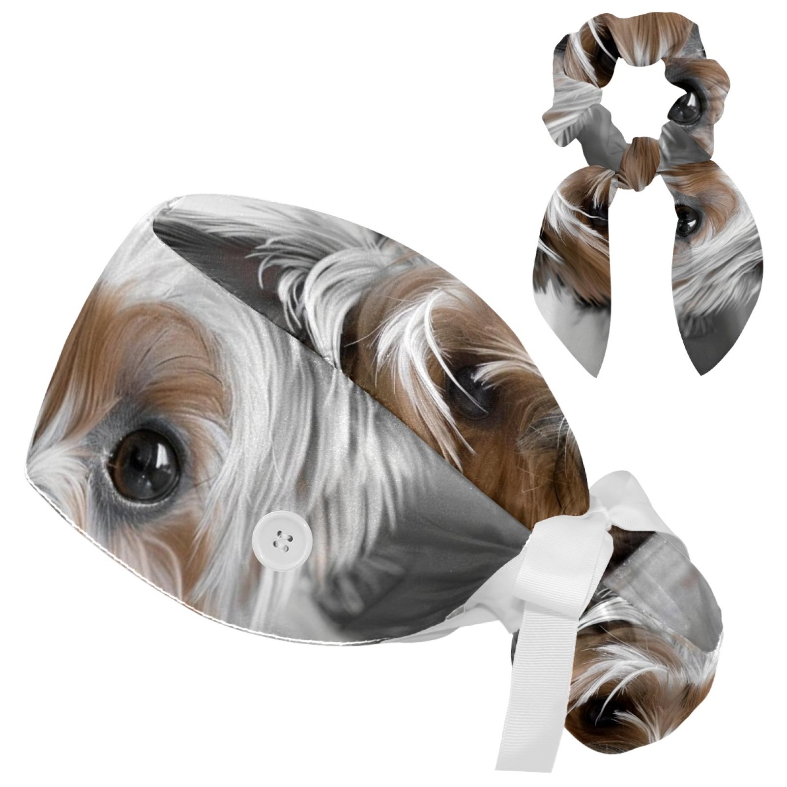Working Caps with Buttons, Long Hair Scrub Hats Ponytail Holder for Women, Little Dog Lovely